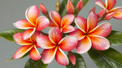 Fototapeta premium A vibrant cluster of orange and white Plumeria flowers blossoms beautifully against a neutral gray backdrop showcasing their delicate petals and lush