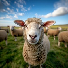 Obraz premium Happy Sheep Grazing on a Farm Field