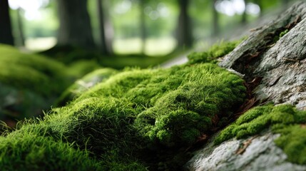 Green moss in forest with peaceful relax mood concept. Lush green moss covering a textured surface.