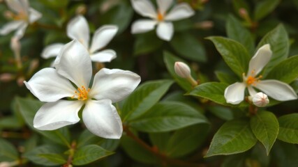 Obraz premium Beautiful white flowers with vibrant yellow centers bloom on a lush green shrub in a vibrant garden setting.
