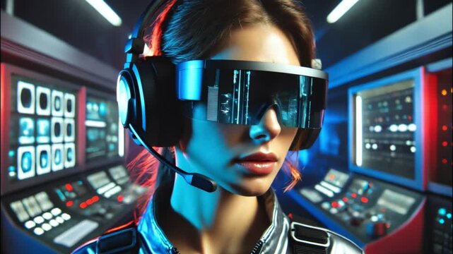 Close-up woman in AR glasses and headset in futuristic control room with neon lights
