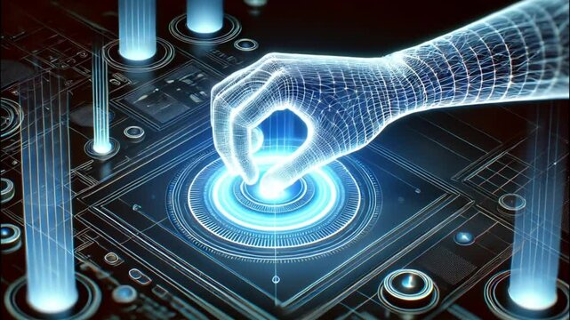 Wireframe hand presses glowing button on futuristic holographic interface in dark scene
