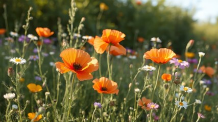 Vibrant orange poppies bloom brightly in a lush summer meadow filled with wildflowers bathed in warm sunlight.