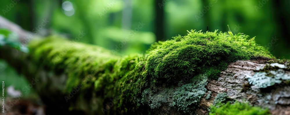 Poster green moss between grass and forest with relax mood concept. a lush close-up of moss covering a fall