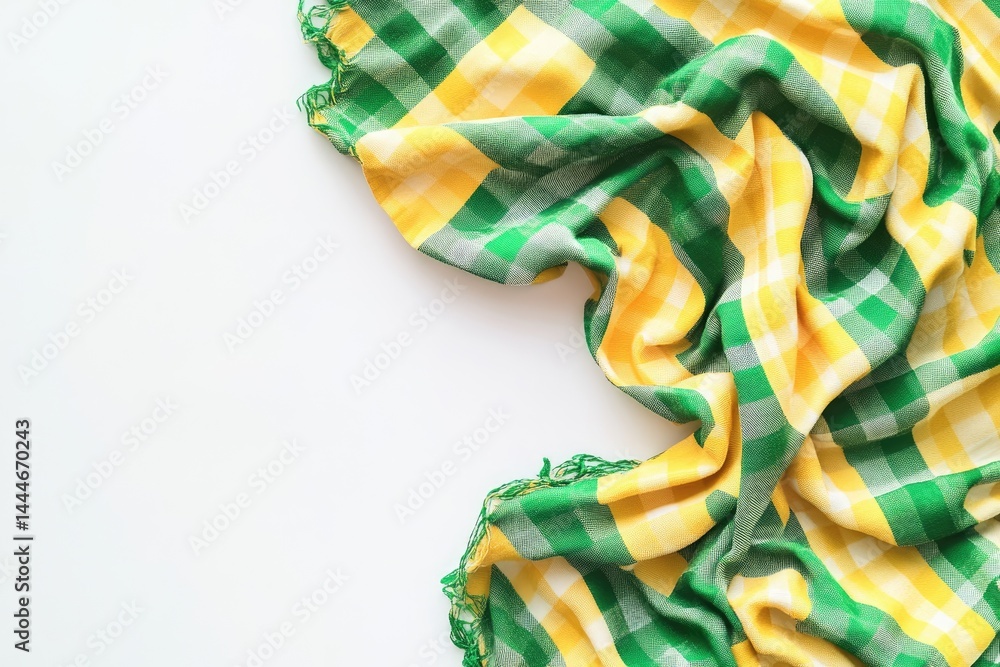 Aufkleber green and yellow plaid fabric draped on a white background draped fabric with a pattern of green and