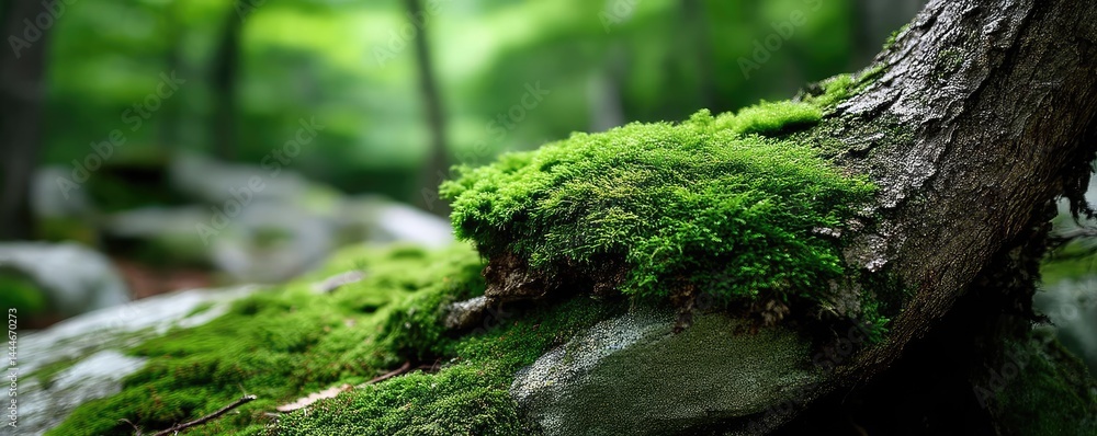 Poster green moss between grass and forest with relax mood concept. lush green moss growing on a tree trunk
