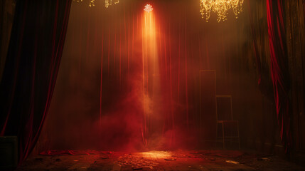 Dramatic red curtain under spotlight, evoking theatrical intensity and anticipation