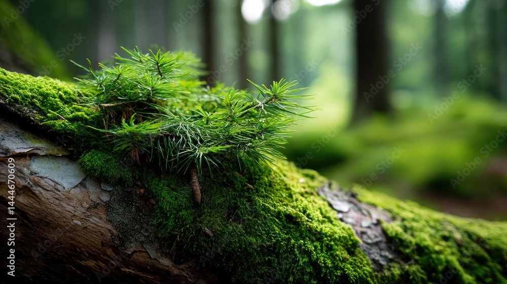 Poster green moss under forest light with peaceful mood concept. close-up of mossy log in enchanting forest