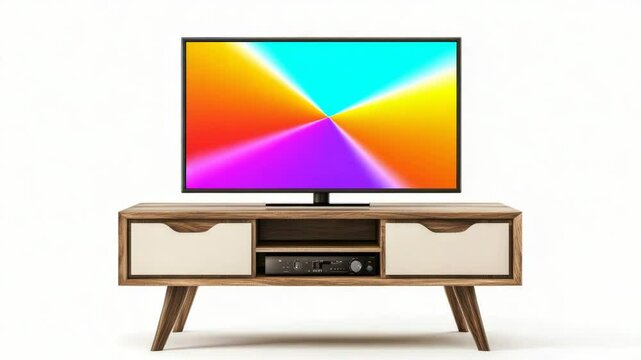 A flat screen TV sitting on top of a wooden stand, perfect for home decor or entertainment purposes