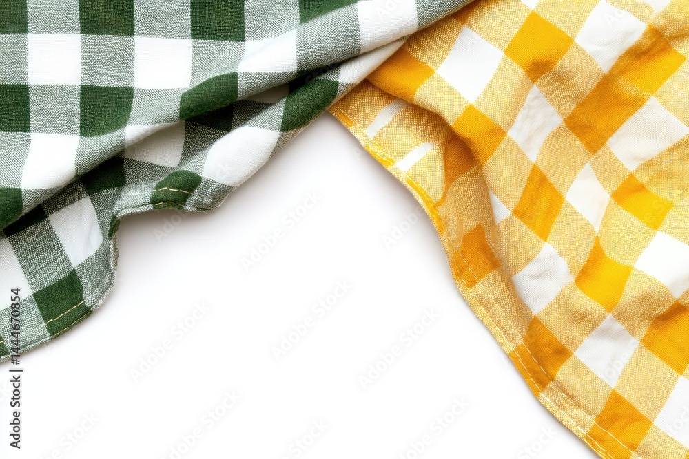 Fototapete Two checkered cloths, green and yellow, draped in a corner, against a white background  The cloths are draped and show the fabric texture, creating a visual of a culinary setting