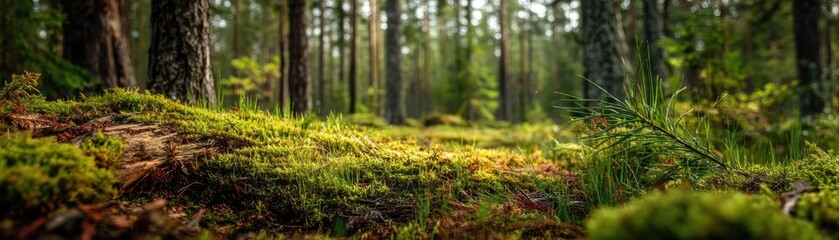 Green moss in forest with peaceful relax mood concept. Lush forest floor with vibrant green moss.