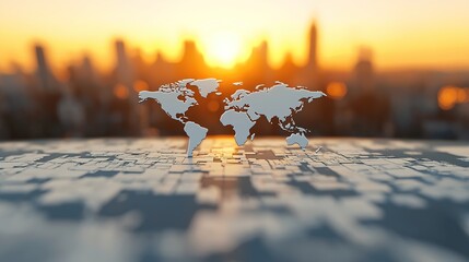 Economic insights on world maps urban skyline digital art sunset view global connectivity