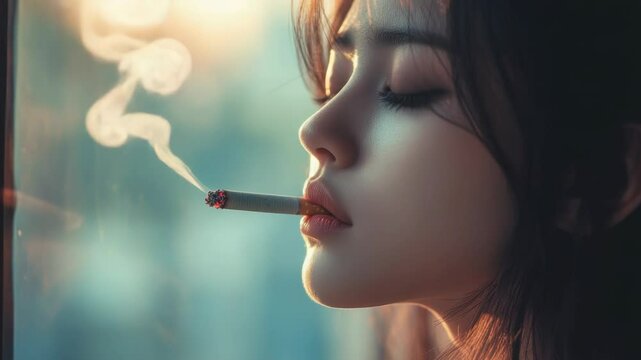 A woman is seen smoking a cigarette in front of a window, possibly indoors or outdoors