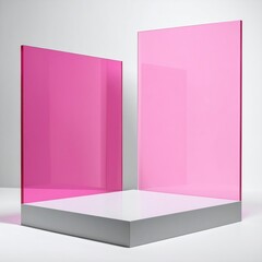 Two elegant pink glass vases, one tall and slender, the other short and round, rest on a pristine white surface, reflecting soft light beautifully.
