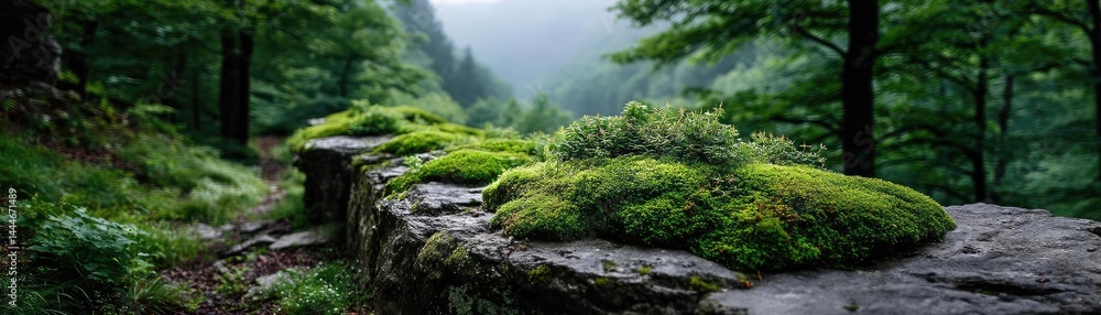 Poster green moss between grass and forest with relax mood concept. lush moss growing on a stone ledge in a