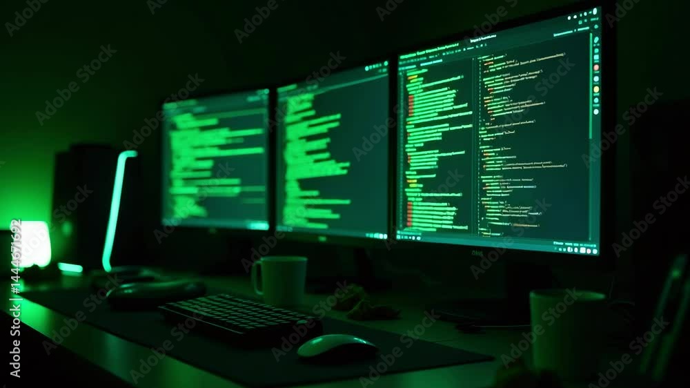 Poster a dimly lit workspace featuring dual monitors displaying green code, with coffee cups and a glowing 