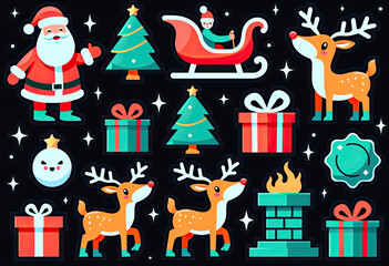 Glow Sticker Set with Santa, Sleigh, Rudolph, Gift Boxes, Tree, and Stars, Designed for Christmas with Radiant Glow on a Dark Black Background

