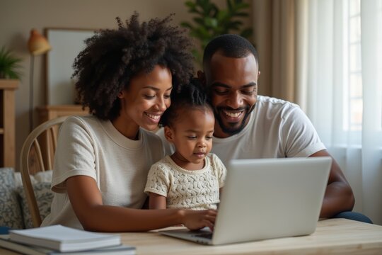 African American Family Working Together on Laptop from Home
