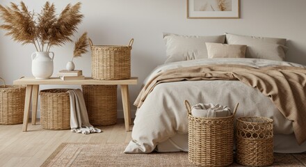 A bedroom scene featuring a bed with neutral bedding and woven baskets for storage and decoration