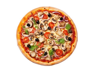 whole pizza with mushrooms and basil leaves isolated on white or transparent png