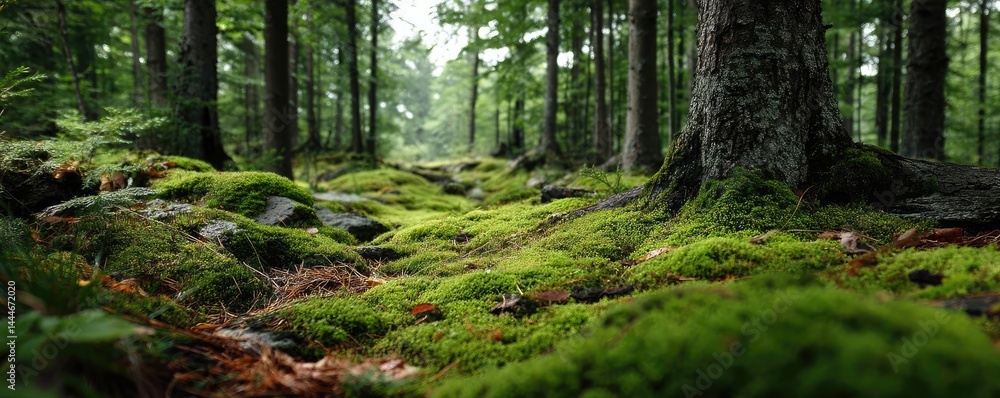 Aufkleber green moss between grass and forest with relax mood concept. a serene forest scene with vibrant gree