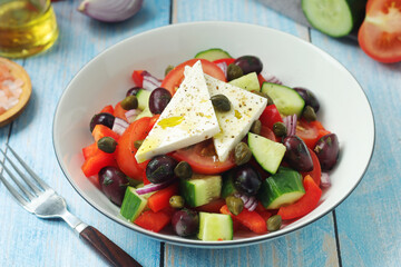 A bowl with traditional Greek salad Horiatiki