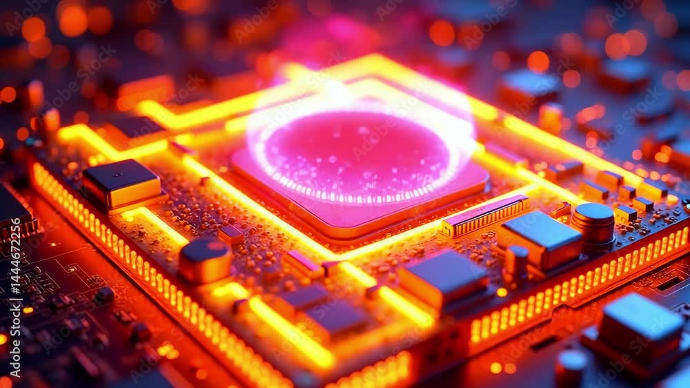 Poster vibrant close-up of a glowing microprocessor surrounded by intricate circuitry, showcasing technolog