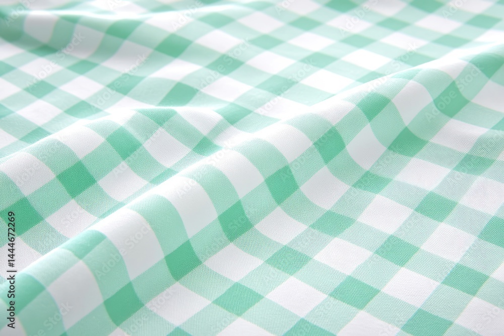 Aufkleber mint green and white checkered fabric, soft folds close-up view of a textile with a repeating patter