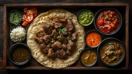Spicy lamb dish with various sauces and flatbread