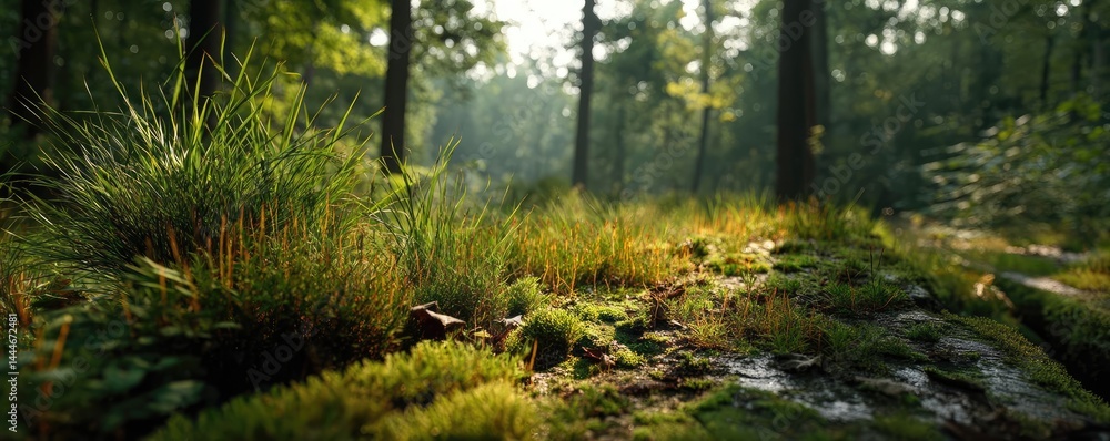Aufkleber green moss in forest with peaceful relax mood concept. lush greenery in a serene forest setting.