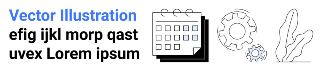 Calendar next to large and small gear icons with abstract plant shapes. Ideal for productivity, scheduling, automation, workflow, teamwork, planning, simple landing page
