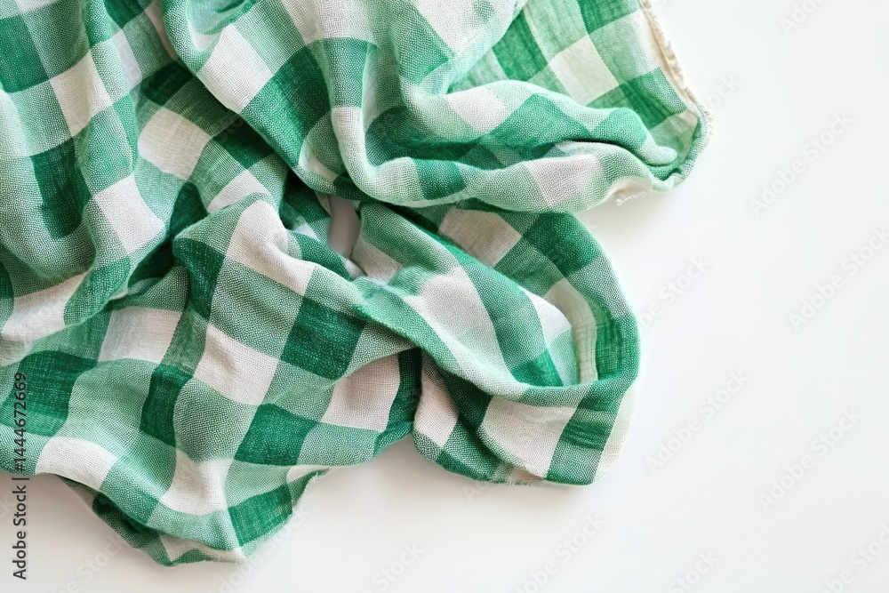 Poster green and white checkered fabric draped on white background folded, flowing fabric with a soft, slig