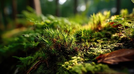 Green moss under forest light with peaceful mood concept. Close-up of vibrant moss with soft lighting in a lush forest.
