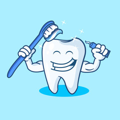Happy Tooth with Toothbrush and Toothpaste for Dental Care Vector Illustration Cartoon Design Mascot