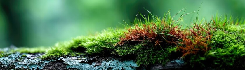 Green moss in forest with peaceful relax mood concept. Lush green moss thriving on a tree bark.