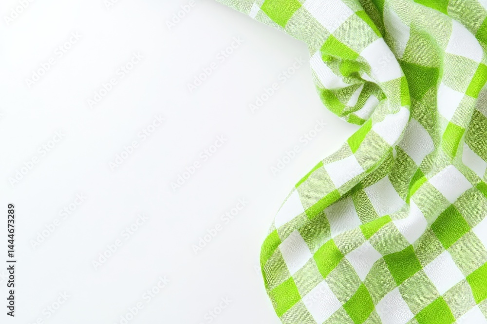 Fototapete green and white checkered cloth napkin draped on white surface folded and arranged in a corner, crea