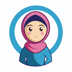 Obraz premium Cartoon Portrait of Muslim Woman with Pink Hijab and Cheeks, Blue Outfit and Circle