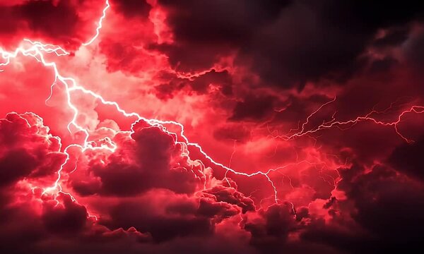 Dramatic red lightning storm clouds.