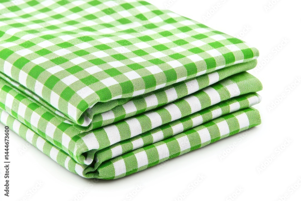 Aufkleber Stack of green and white checkered tablecloths  Folded fabric in a close-up shot against a white background, displaying a classic gingham pattern
