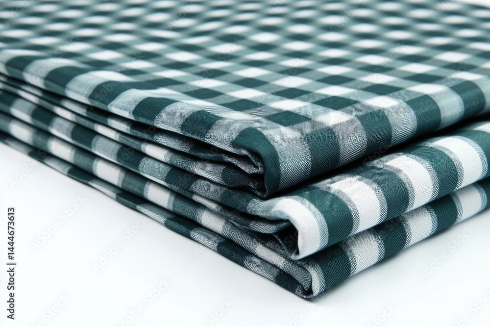 Aufkleber Dark teal and white checkered fabric, folded in neat stacks against a white background  Close-up view of the patterned material