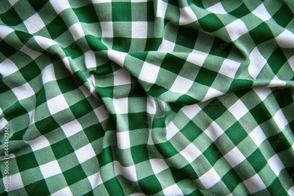Poster green and white checkered fabric draped in folds close-up view of the textured surface