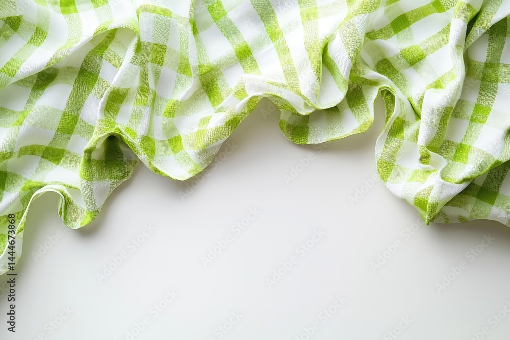 Leinwandbilder Green and white checkered fabric draped on a white surface  Folded fabric with a soft texture, showing a pattern of squares in vibrant green and white
