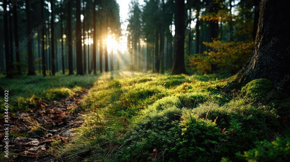 Poster green moss in forest with peaceful relax mood concept. sunlight filters through trees in a tranquil 