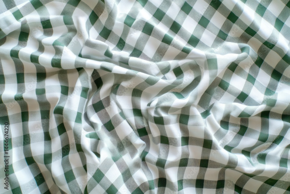 Poster wrinkled green and white checkered fabric close-up view of a textile with a classic pattern