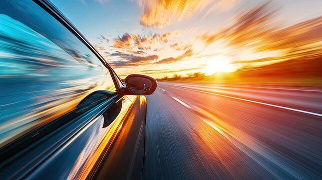 Fast-moving vehicle on a highway at sunset.