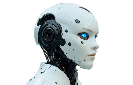 Head of a robot with white skin and blue eyes, transparent background