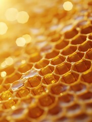 Golden honeycomb texture with sunlit glowing patterns in close up focus