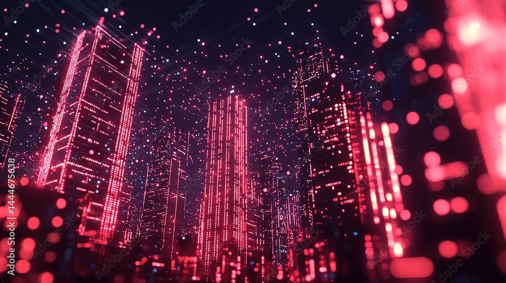 Poster dynamic digital network visualization of gigapixel-standard scale in a futuristic urban environment