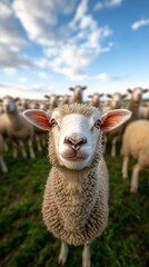 Obraz premium Happy Sheep Grazing on a Farm Field