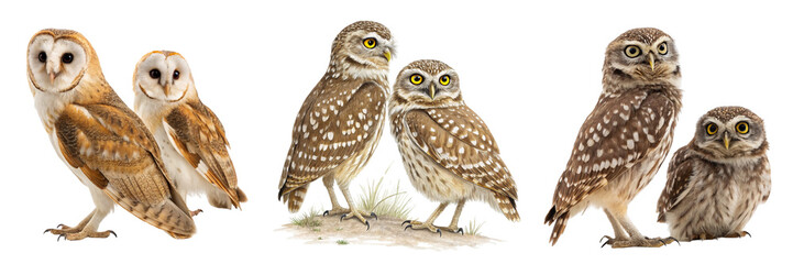 Fototapeta premium Set of two owls on transparent background